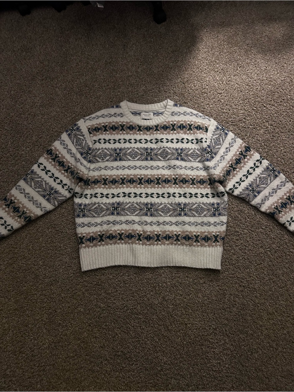 American Eagle Outfitters Cream Fair Isle Crewneck with Blue & Brown Details